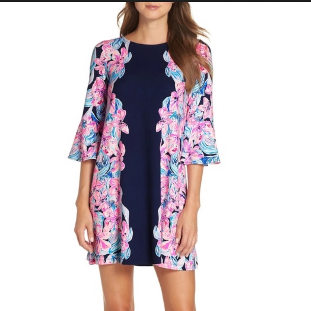 Lilly Pulitzer Navy Blue Shift with Pink Floral Trim